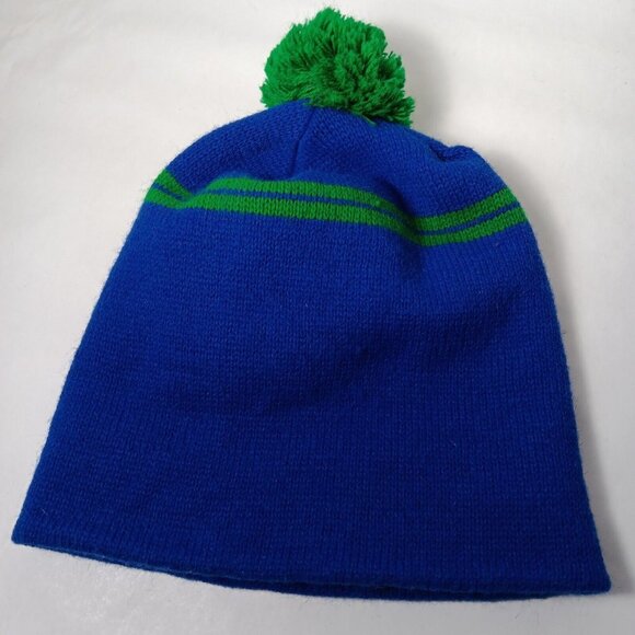 Bayer Pharmaceuticals Hat Knit Beanie Boggin Blue Green Pom Pom Vintage USA Made - Picture 11 of 11